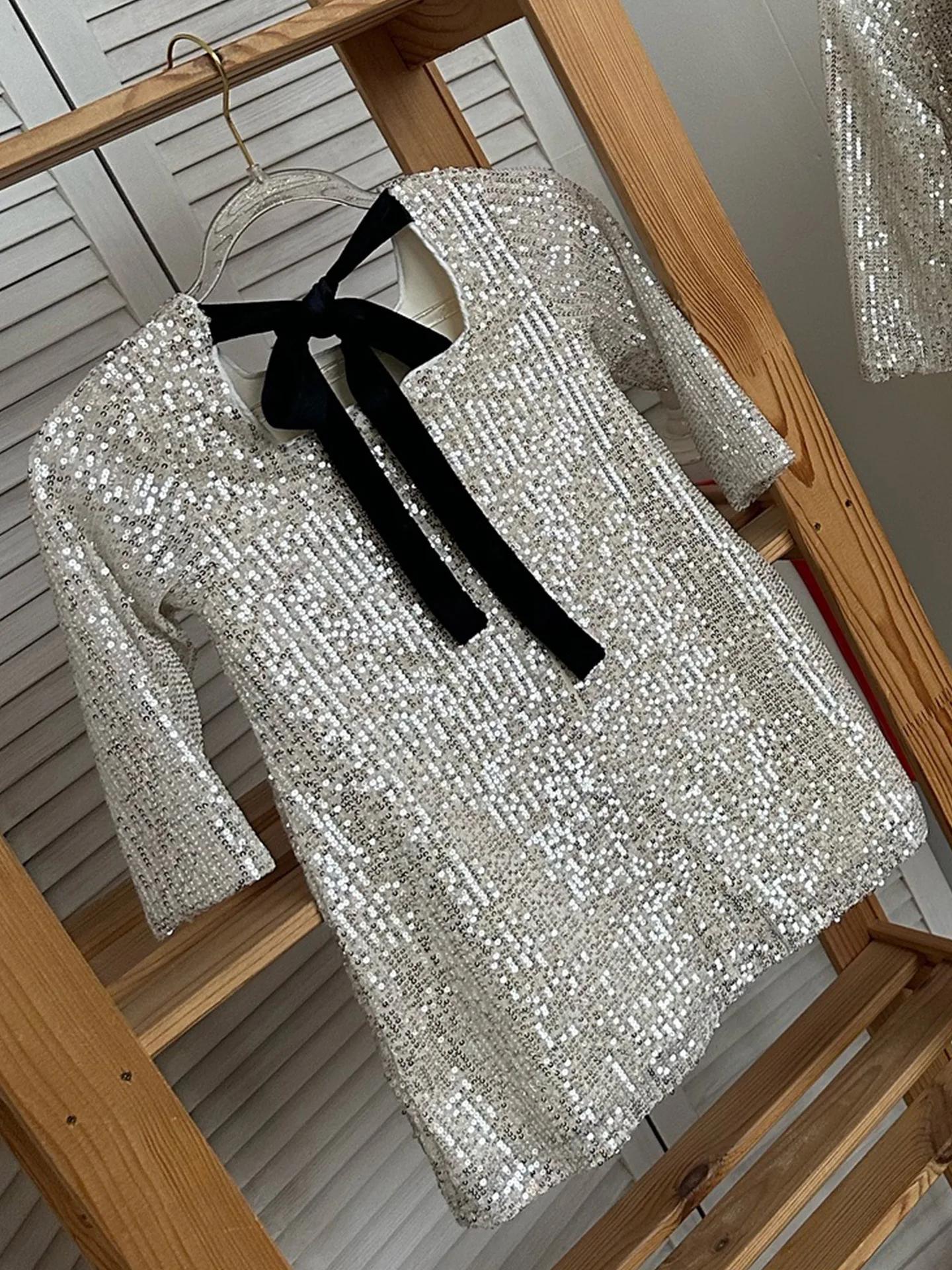 HETISO – robe de soirée élégante à manches longues, paillettes argentées, avec nœud papillon noir, r