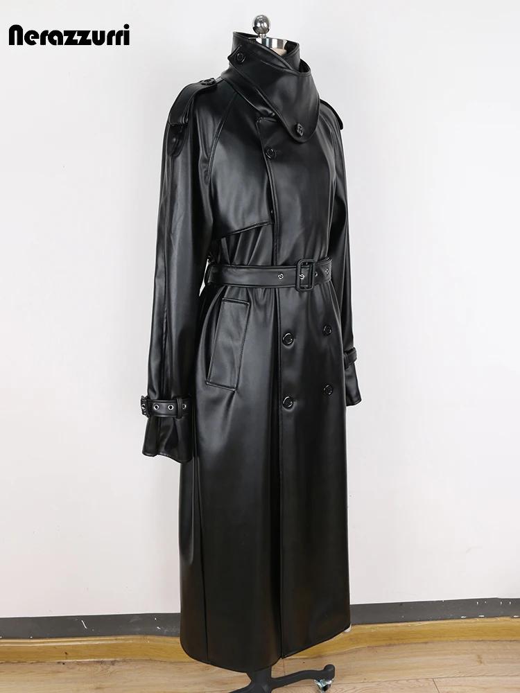 Nerazzurri-Manteau long en cuir PU pour homme, pardessus croisé, coupe-vent, imperméable, noir, cein