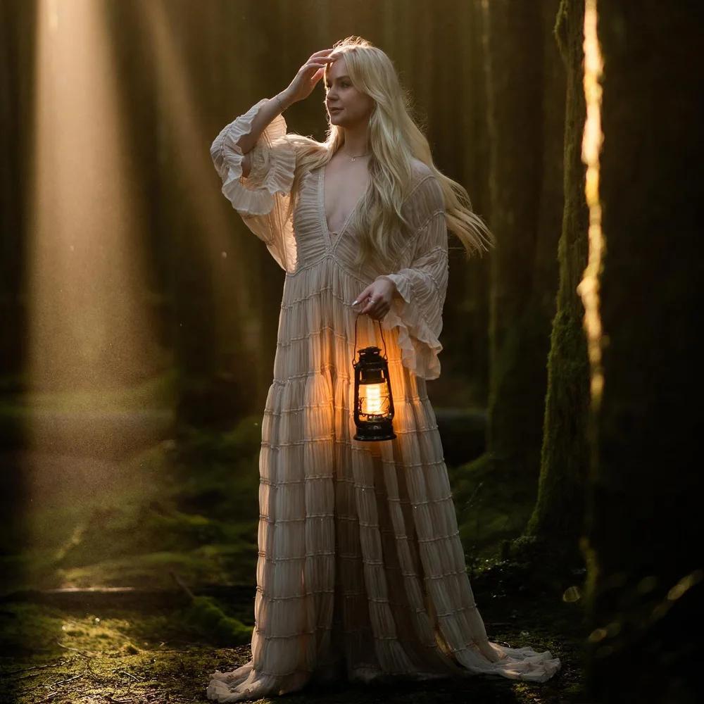 Robe longue bohème en tulle moelleux pour séance photo, robe de grossesse, manches longues, col en V