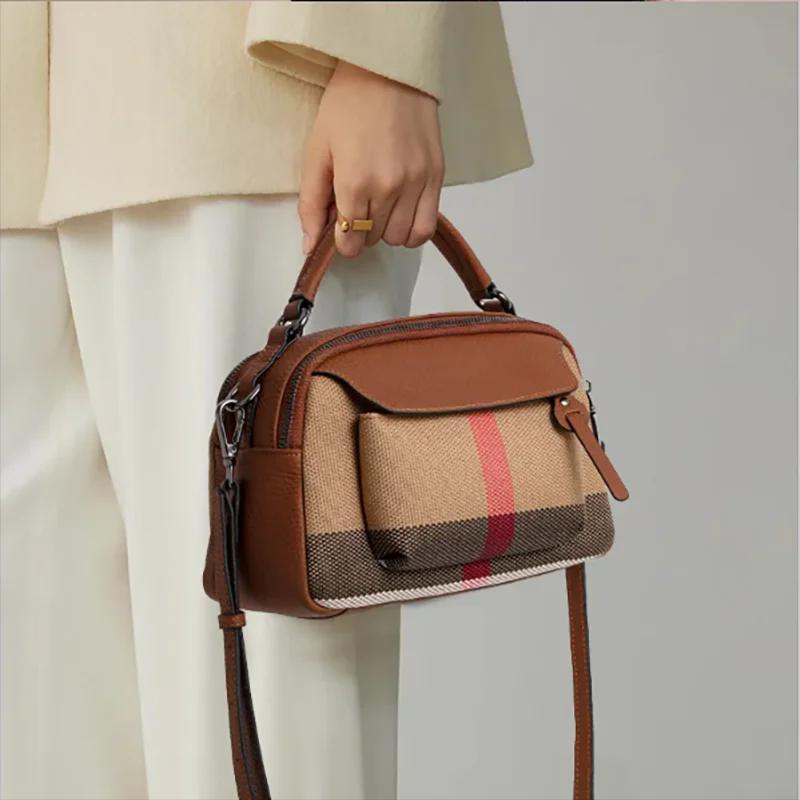 Sac fourre-tout vintage à carreaux pour femme - Toile de qualité - Mélange de cuir, haut élégant - S