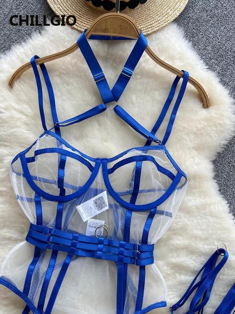 CHILLGIO femmes maille Sexy à bretelles barboteuses mode érotique une pièce Catsuit Lingerie moulant