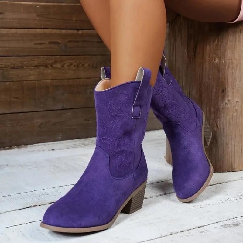 Bottines Western pour femmes, style cowgirl, vintage, bout pointu, talon épais, en cuir, à enfiler, 
