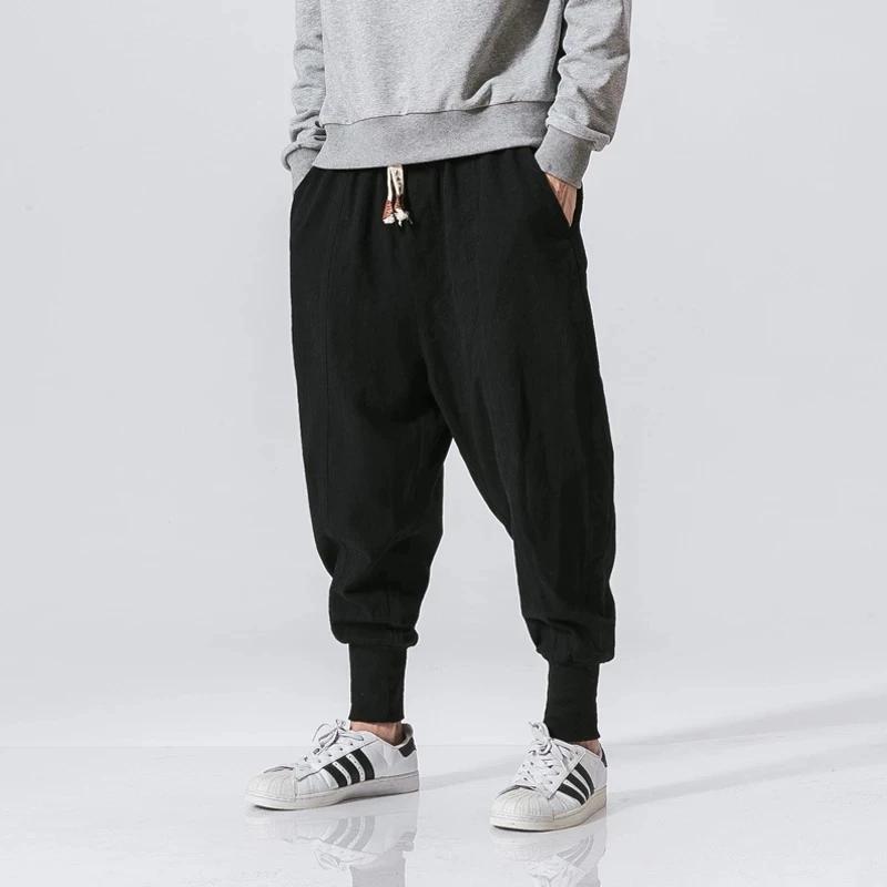 Pantalon sarouel en coton et lin pour hommes, couleur unie, taille élastique, Streetwear, jogging, B