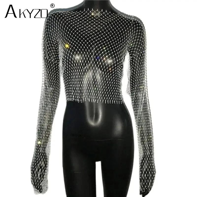 T-shirt en résille transparent pour femmes, Sexy, paillettes, strass, maille creuse, manches longues