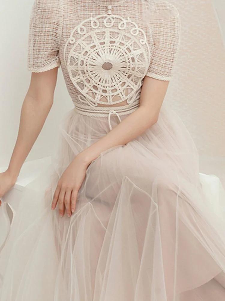 SMTHMA-Robe longue en maille brodée pour femme, col rond, manches courtes, patchwork, robes élégante