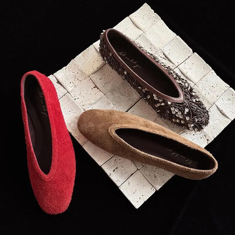 MORAZORA 2026 Nouvelles Chaussures Plates pour Femmes en Daim de Vache, Style Rétro Fait Main, Chaus