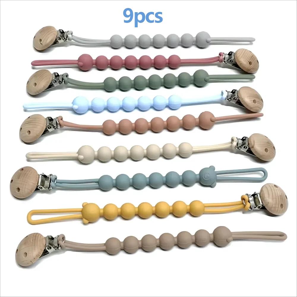 Chaîne de sucette bébé 9 pièces - Lanière silicone qualité alimentaire anti-perte dentition