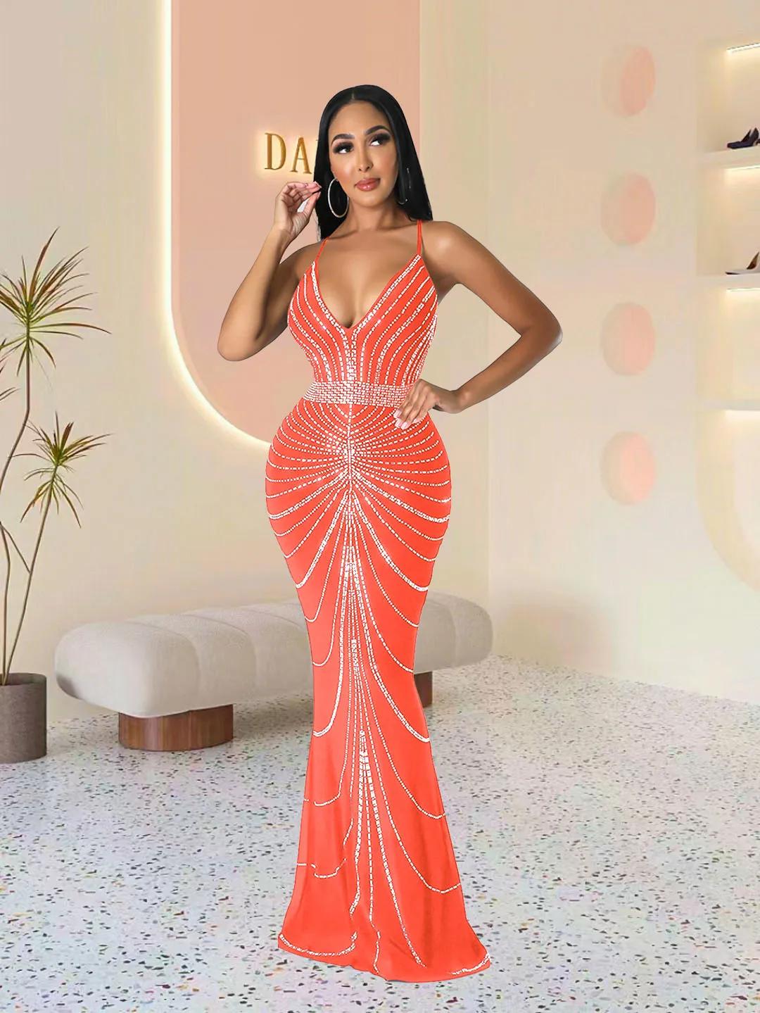 Robe de soirée longue pour femmes, paillettes, diamant chaud, bretelles de fête, dos qui fuit, sirèn