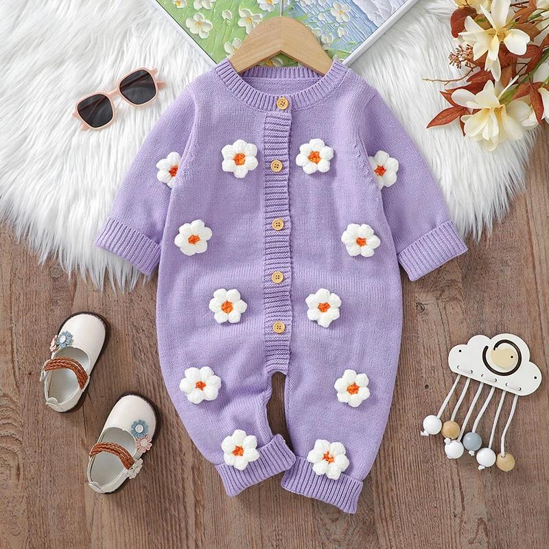 Barboteuse manches longues bébés filles imprimé floral doux combinaison acrylique body nouveau-né