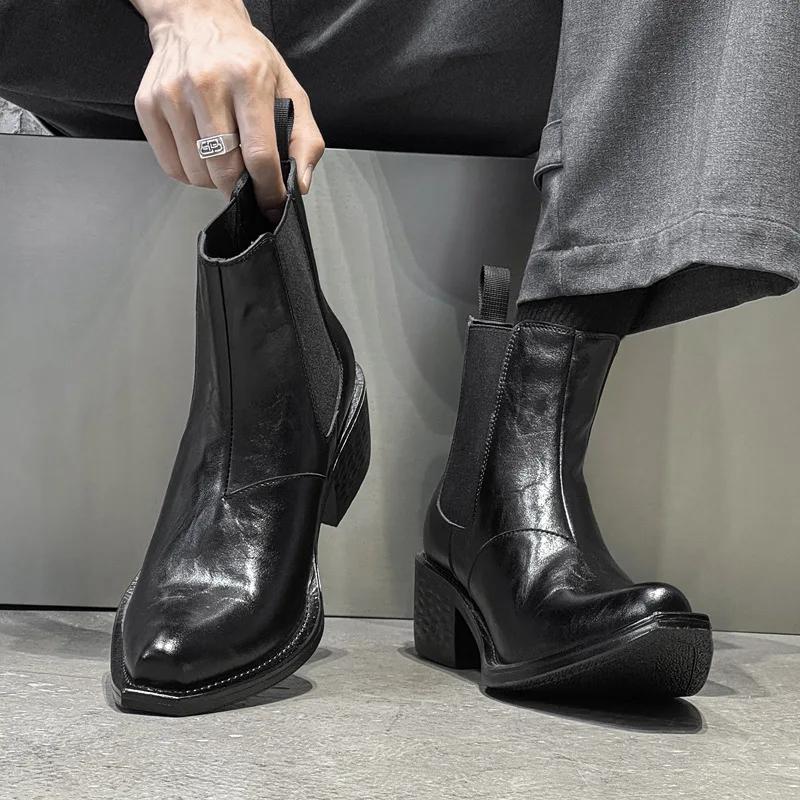 Grande taille hommes mode hip hop rock haute chelsea bottes noir marron bout pointu chaussures cowbo