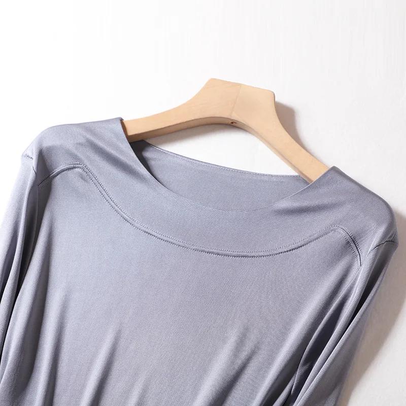 T-shirts en soie véritable Birdtree pour femme, col rond, uni, décontracté, manches longues, basique