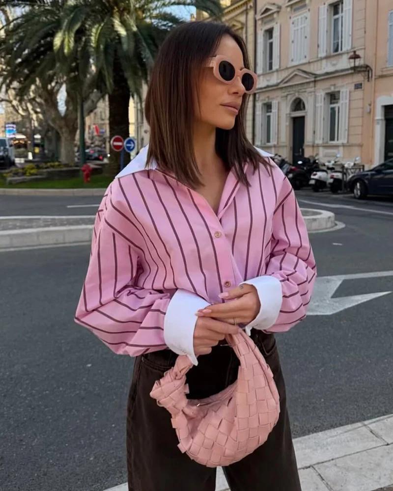 Chemise Femme 2026 Nouvelle Collection Printemps-Été, Chemise Ample Rayée Rose à Poignets Contrastan