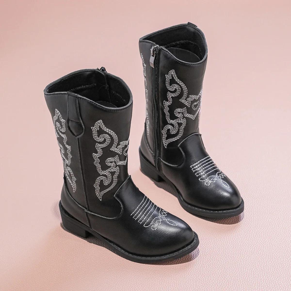 Bottines de Cowboy en PU pour filles, mi-mollet, antidérapantes, fermeture éclair latérale, simples,