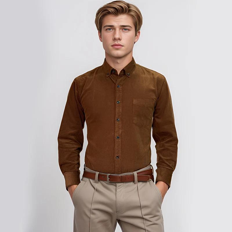 Chemises en velours côtelé pour hommes, 100% coton, manches longues, décontractées, coupe régulière,