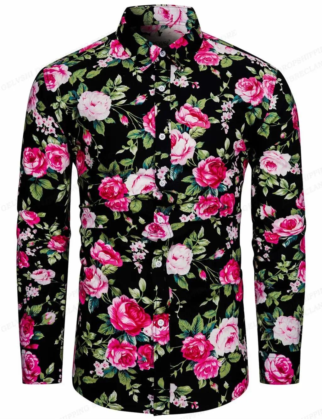 Chemise à fleurs hawaïenne à manches longues pour hommes, chemisier de plage à la mode, vêtements po