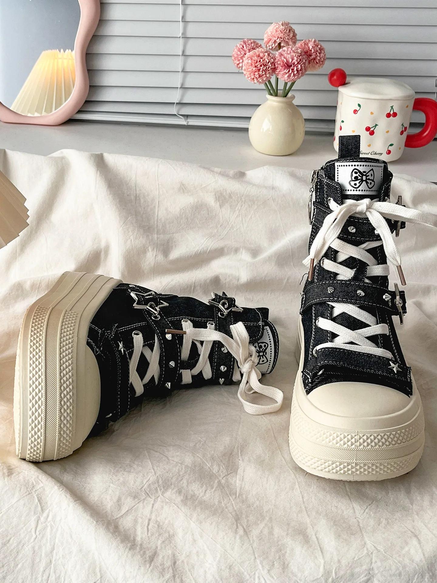 Baskets décontractées rétro haut de gamme à semelle épaisse en toile pour femme, nouvelle collection
