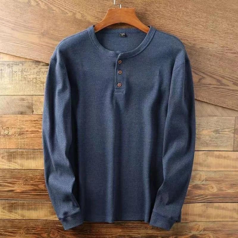 T-shirt basique pour hommes, coupe cintrée, décontracté, Henley gaufré, chemises à manches longues, 