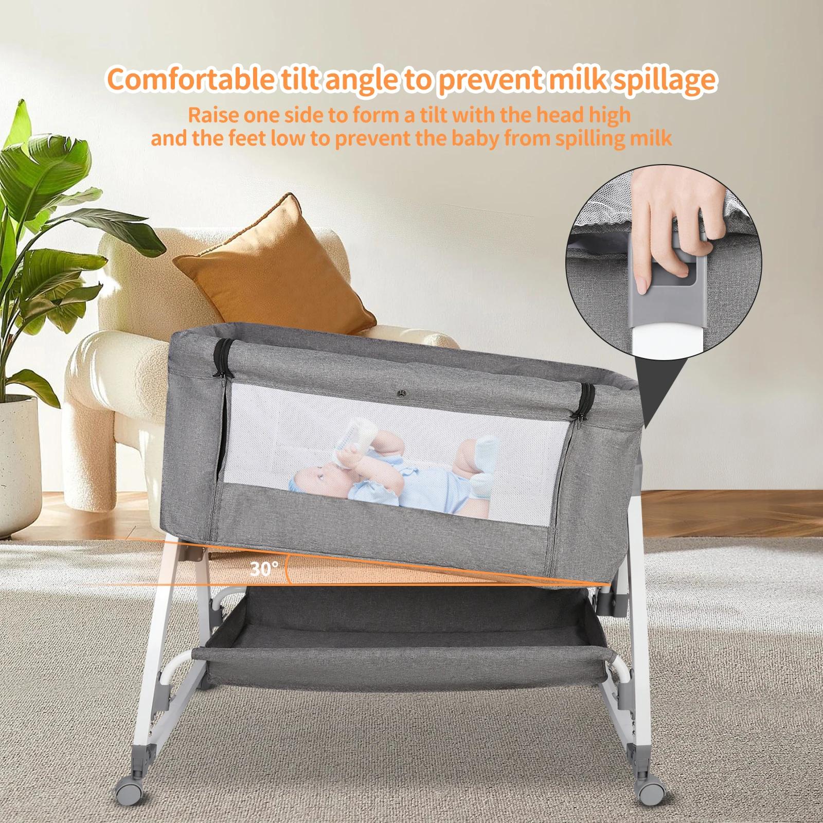 Lit d'appoint Cododo, 3 en 1, Lit de Bébé, Berceau avec Matelas, Hauteur Réglable 6 Niveaux, Inclina