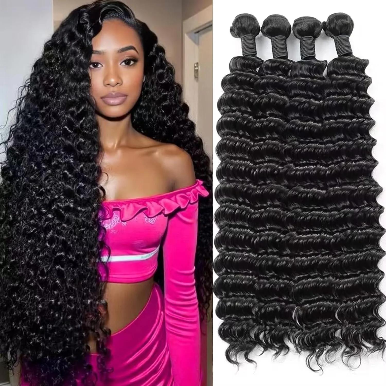 Extensions de Cheveux Humains Brésiliens Remy Longs, Couleur Naturelle, Bundles Profonds, 1/3/4 Pièc