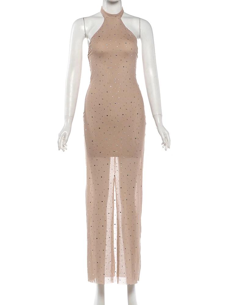 Robe de soirée sexy Kliou pour femme, décoration en faux diamants, col rond, épaules dénudées, taill