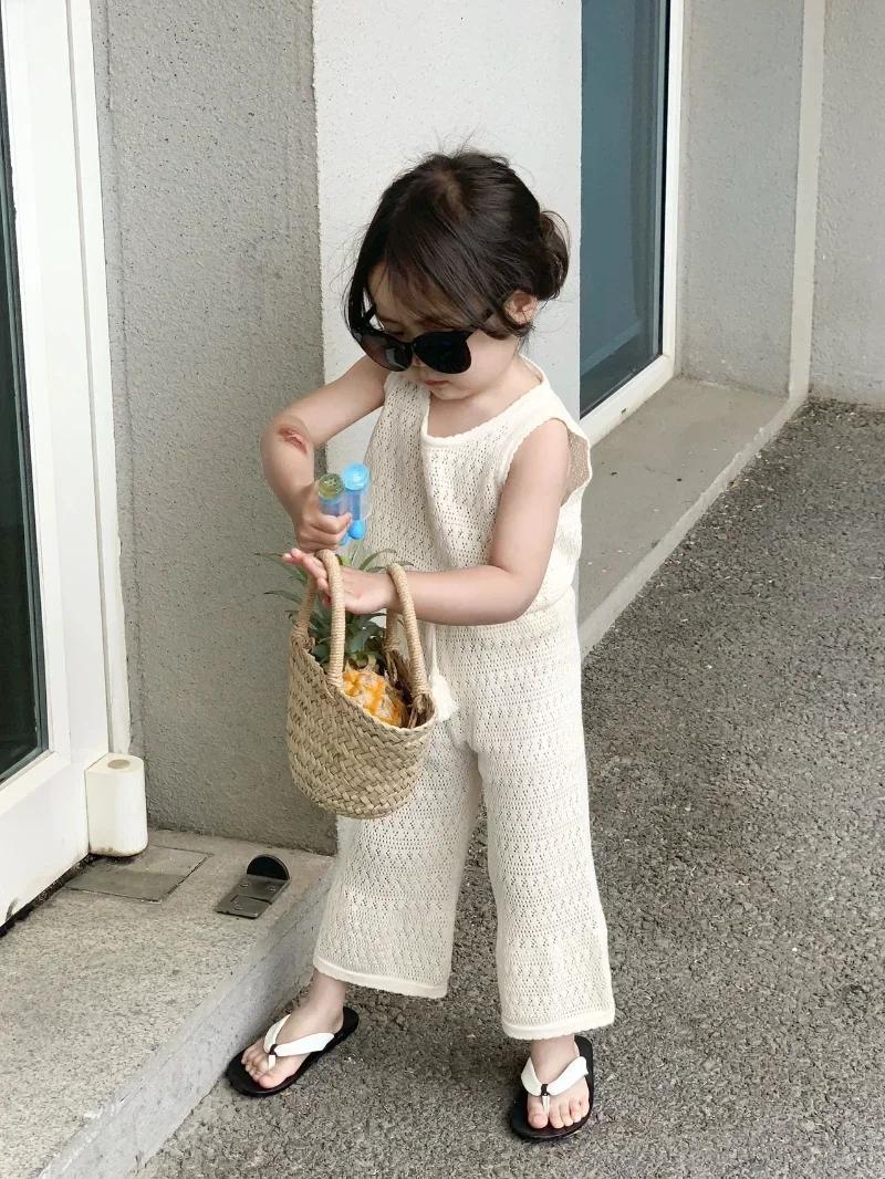 Ensemble été fille 2024 en tricot coréen fin - Gilet ajouré respirant et pantalon large élégant