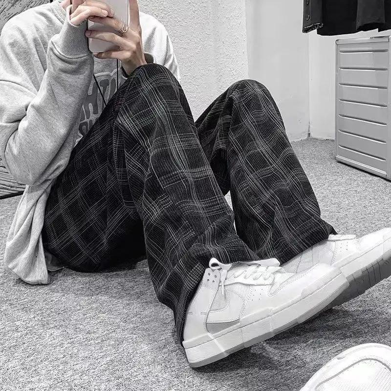 Printemps été velours côtelé Vintage Plaid pantalon hommes Streetwear jambe large Baggy pantalon Har