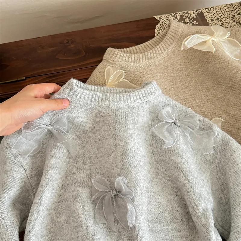 Chandails coréens de couleur unie pour filles, vêtements pour enfants avec nœud mignon, automne hive