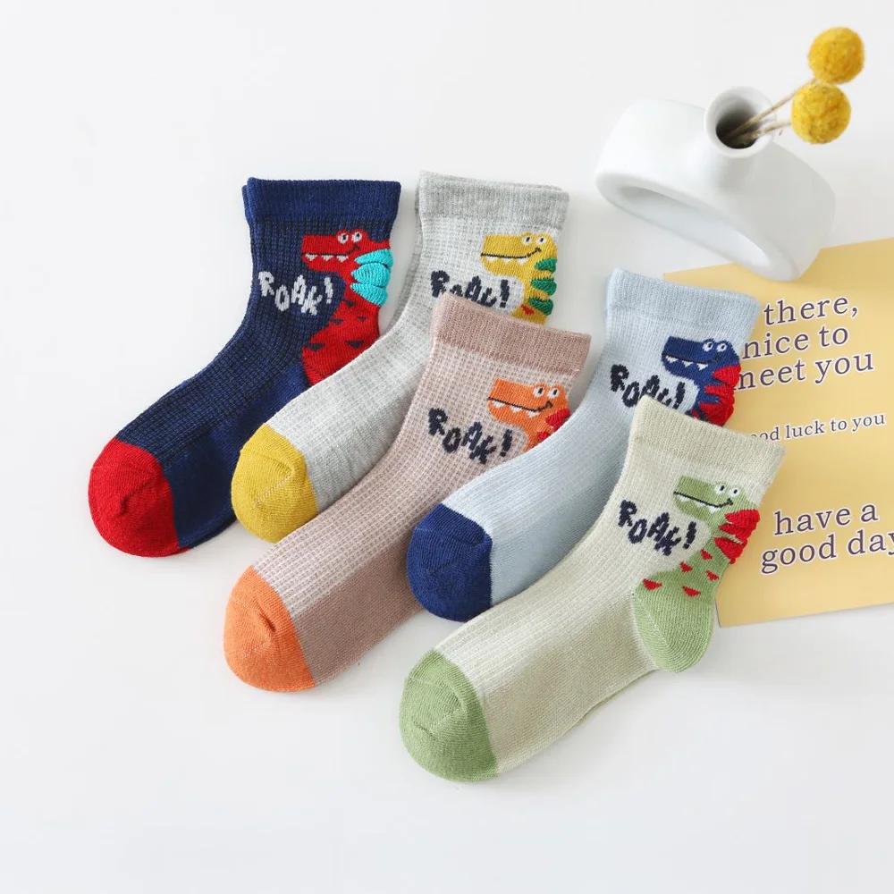 5 paires de chaussettes en coton pour enfants, motif de dinosaure de dessin animé, maille respirante