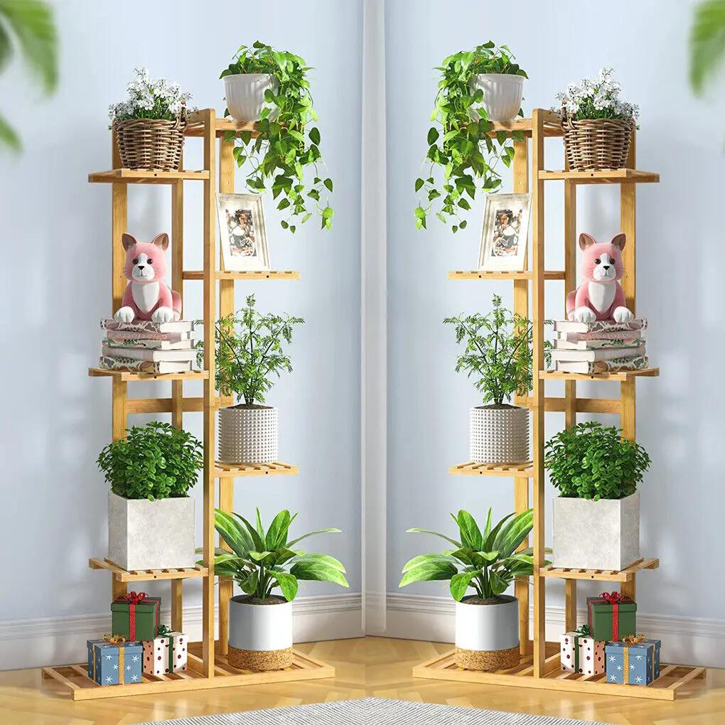 Grand Support d'Angle en Bambou T1 pour Plantes, Plusieurs Fleurs, Étagère d'Niket d'Extérieur
