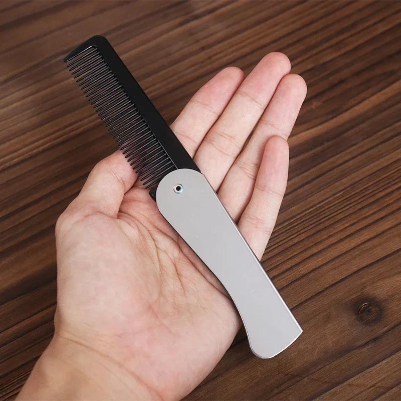 Peigne de poche pliable antistatique en acier pour hommes, tête d'huile, peigne à barbe Portable, ou