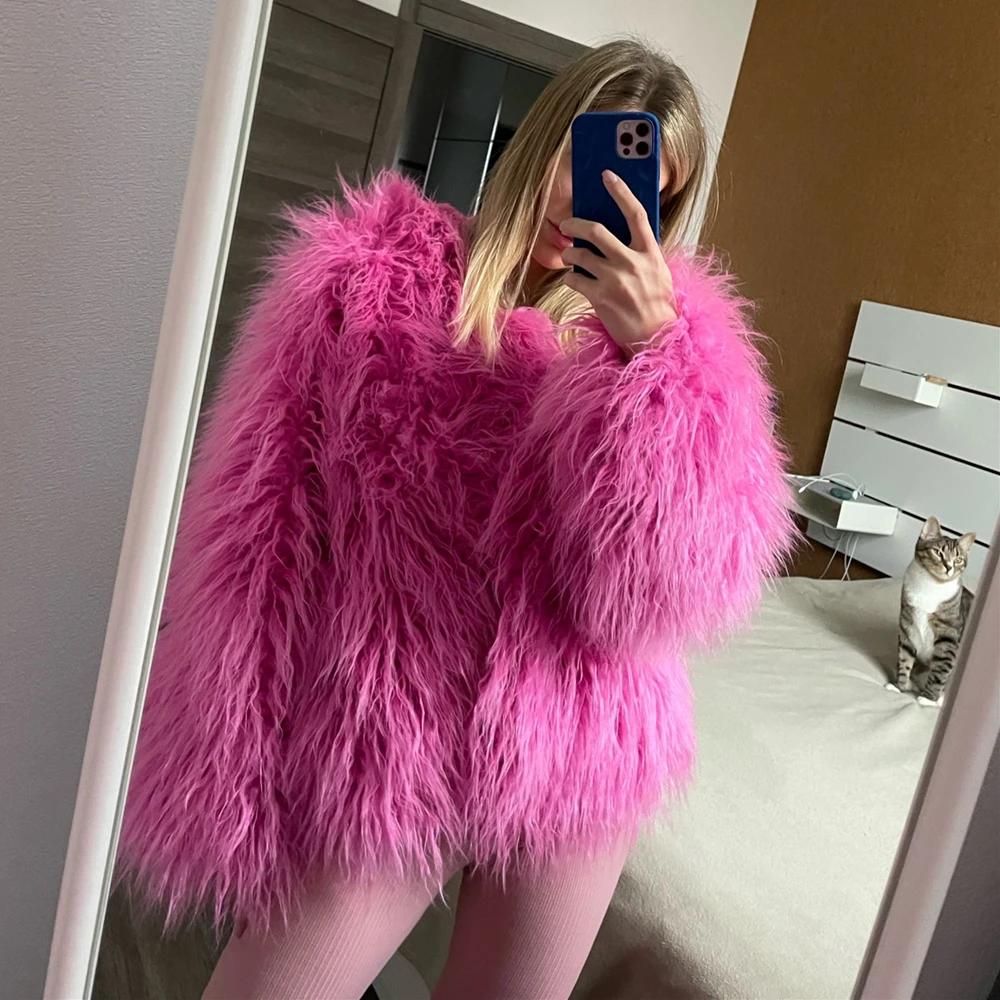 Manteaux de fourrure pour femmes, haut à la mode, manteau en fausse fourrure rose, élégant, épais et