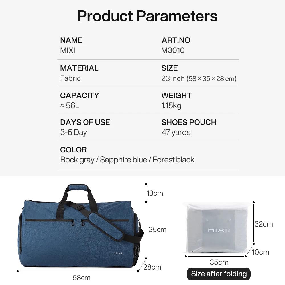 Mixi sac à vêtements à main pour voyage 56L sac de sport convertible pour hommes femmes 2 en 1 bagag