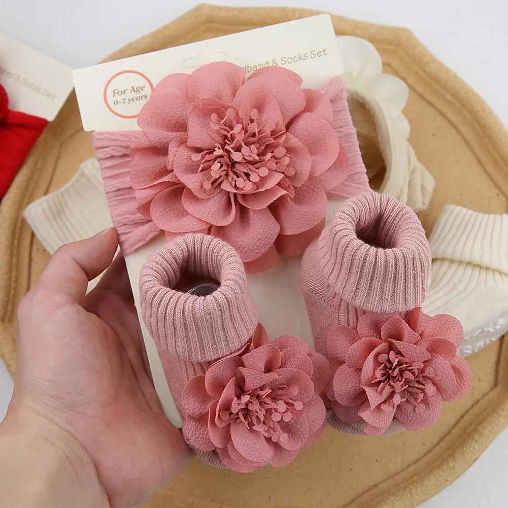 3 pièces/ensemble dentelle fleur bébé bandeaux chaussettes coton antidérapant cheville 0-12M bas lar