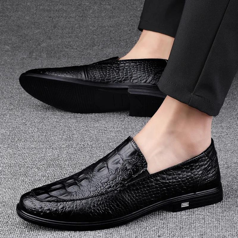 Chaussures décontractées en cuir véritable pour hommes, mocassins d'affaires formels, motif crocodil