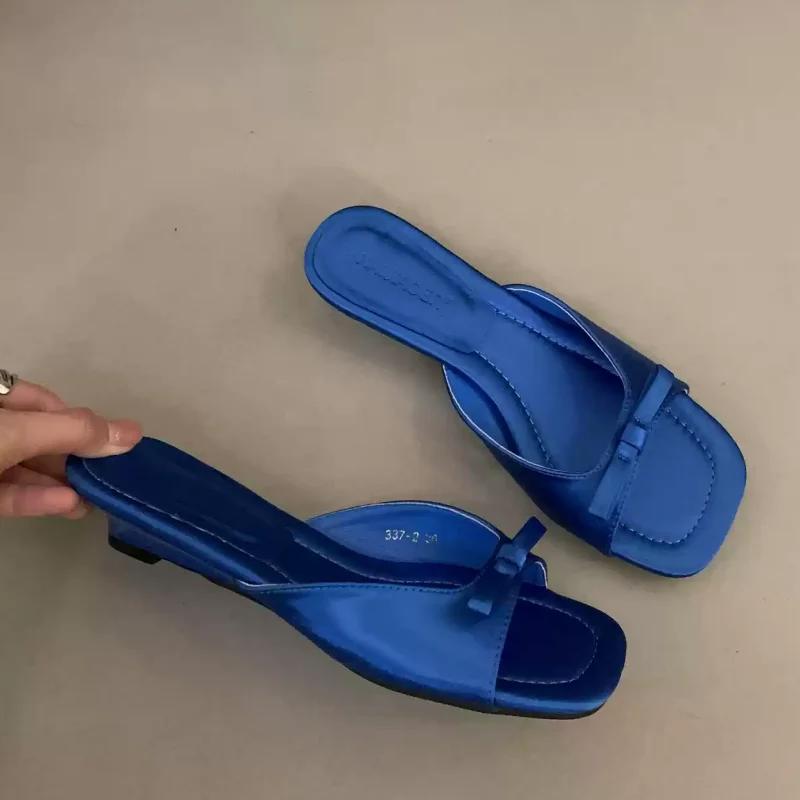 Bailamos 2025 nouveau confortable talon bas tête carrée sandales doux arc soie talon épais pantoufle