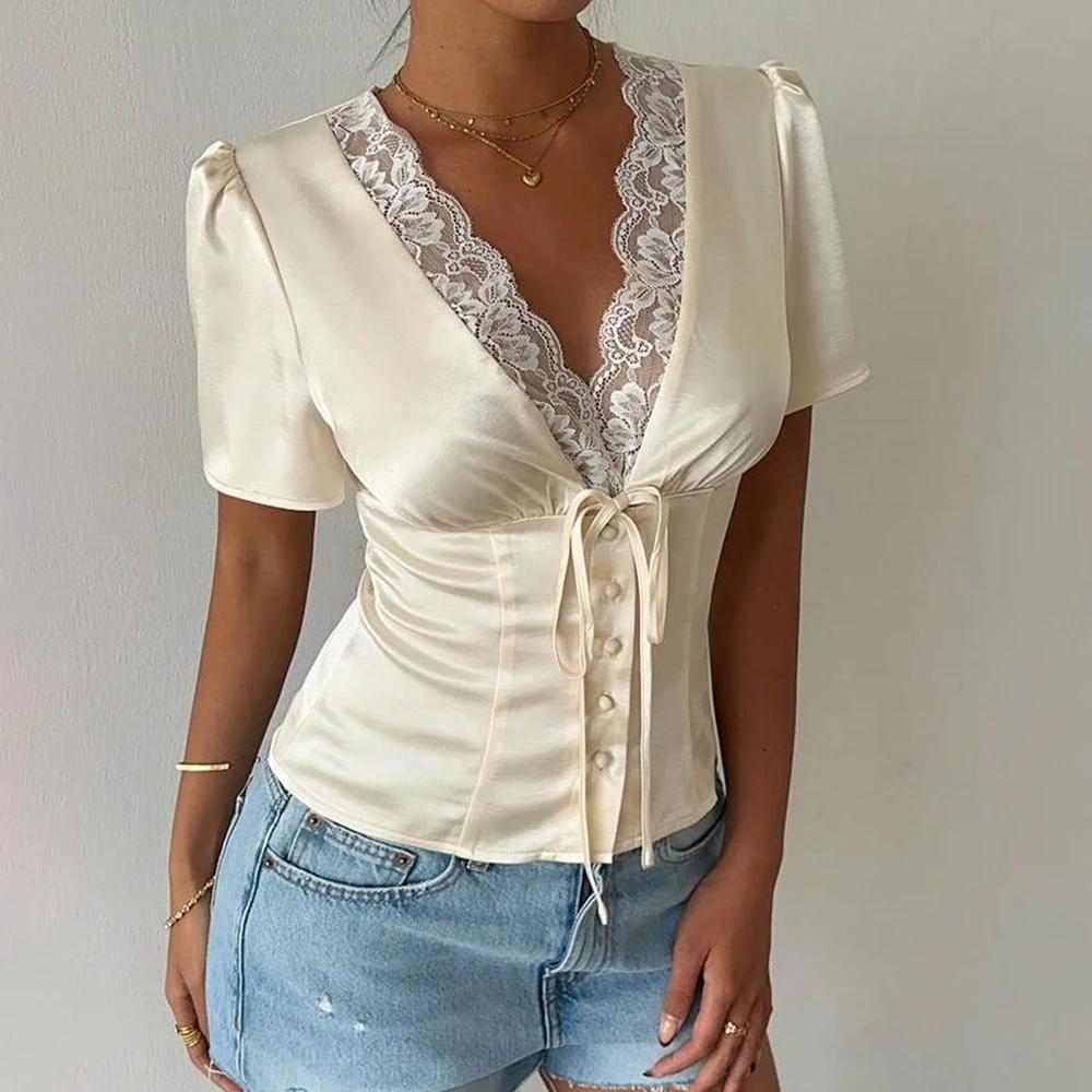Tuularose élégant dentelle T-Shirt femme Sexy col en v dentelle Patchwork à lacets haut court été mo