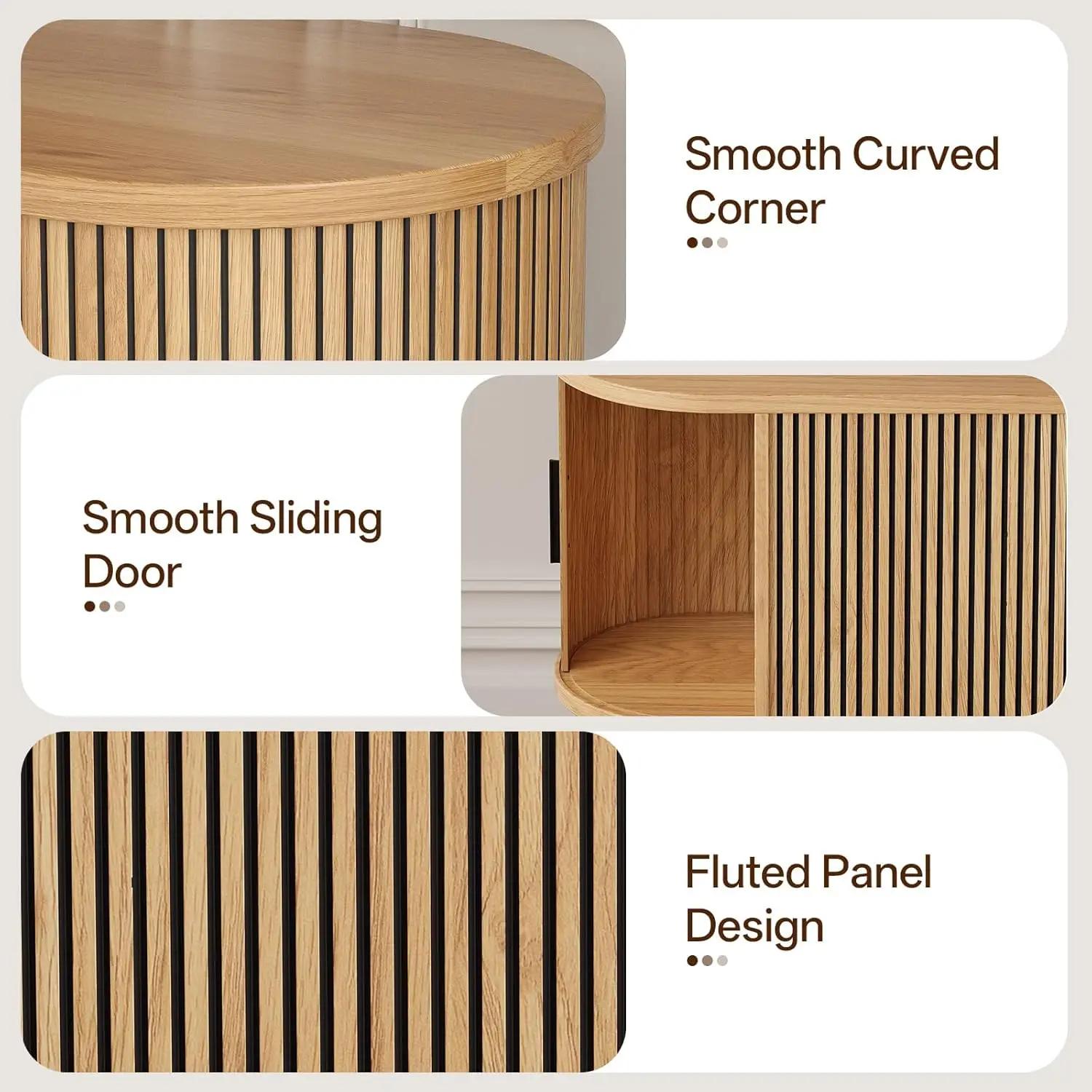 Meuble TV cannelé de 62 pouces de style Mid-Century avec porte coulissante, étagère réglable, consol