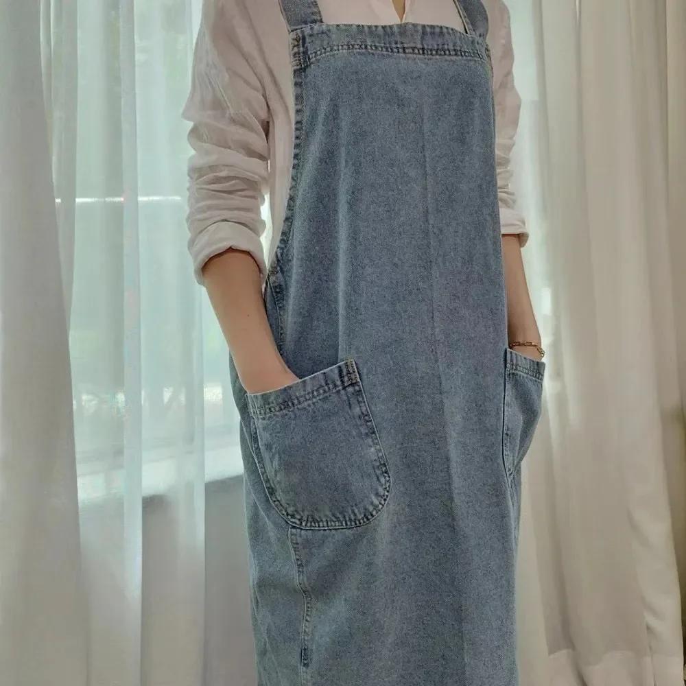 Robe coréenne en Denim pour femmes, tablier en tissu de coton, pour jardin, cuisine, cuisson, access
