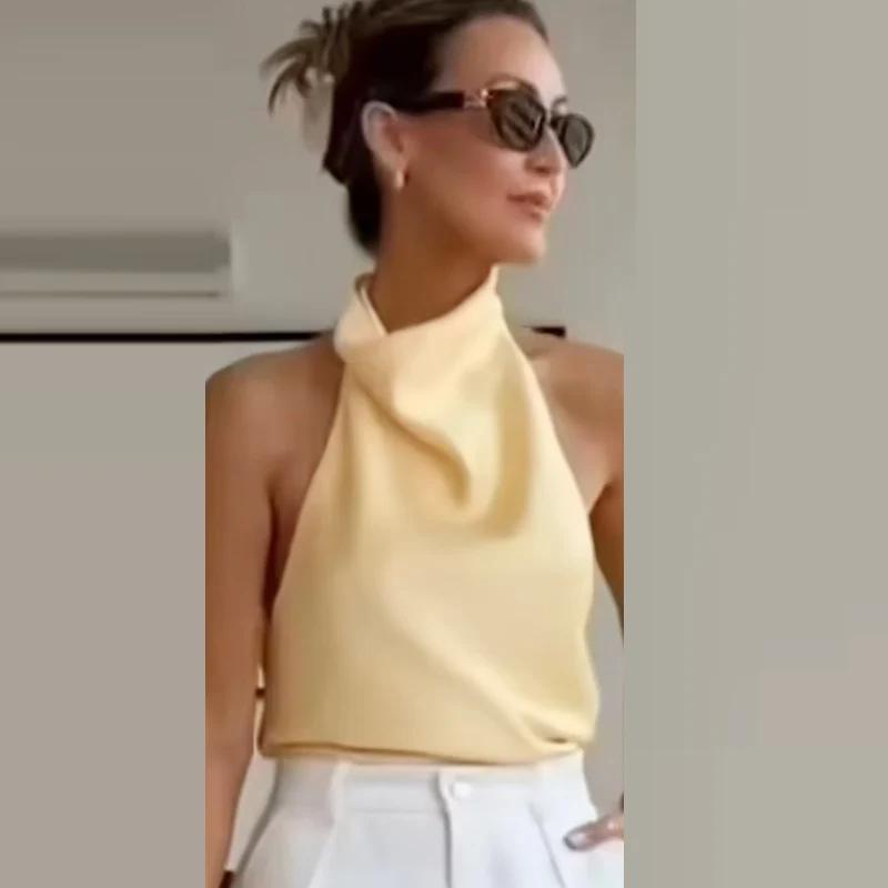 HXAO 2025 femmes Satin haut à licou été noir jaune débardeurs & Camis épaules nues débardeur court m