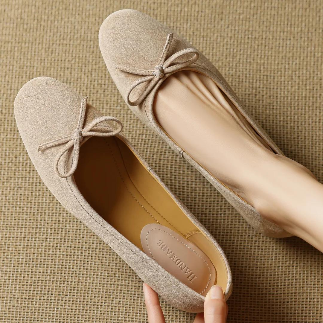 Grande taille 34-43 femmes en daim naturel cuir doux noeud papillon bout rond sans lacet ballerines 