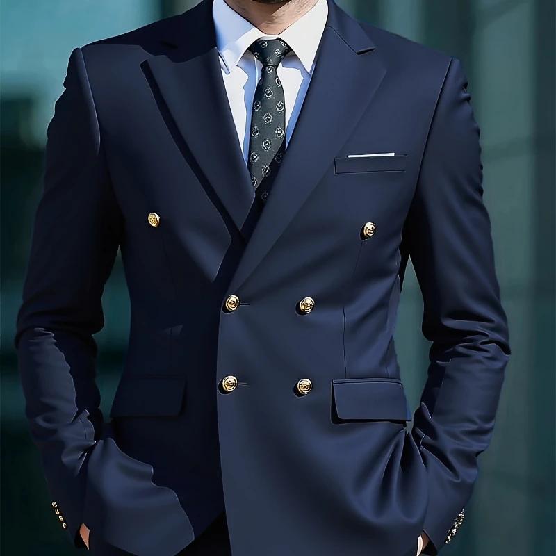 Costume Homme 2 Pièces 2026 Business Sans Repassage Double Boutonnage Boutons Dorés Tendance Rétro C