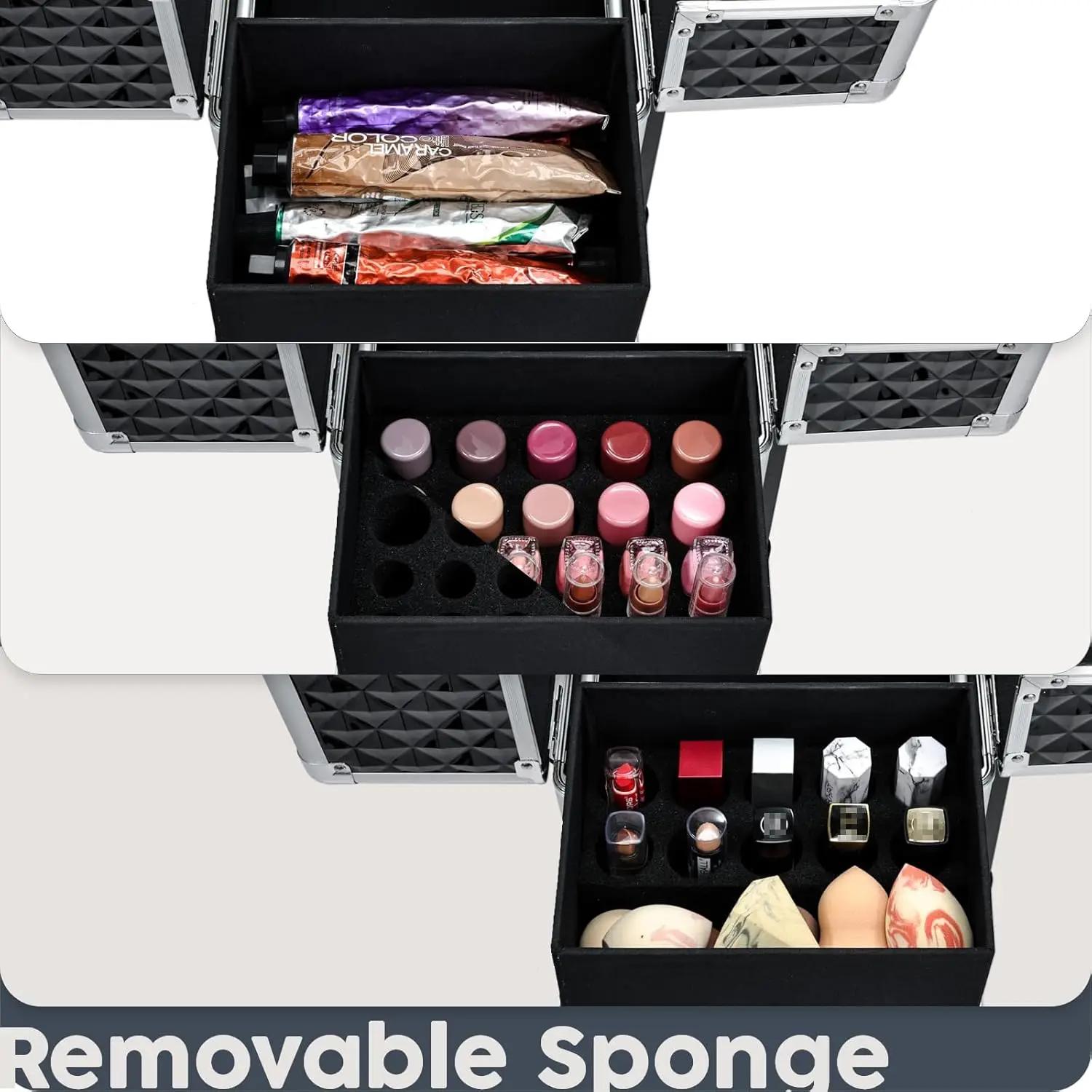 Trolley de Maquillage Roulant avec Tiroirs Coulissants et 4 Plateaux – Valise de Voyage pour Cosméti