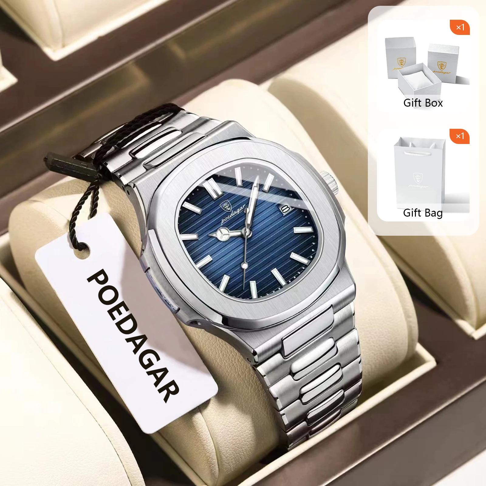 POEDAGAR luxe élégant hommes montres Date lumineux étanche en acier inoxydable homme horloge Origina