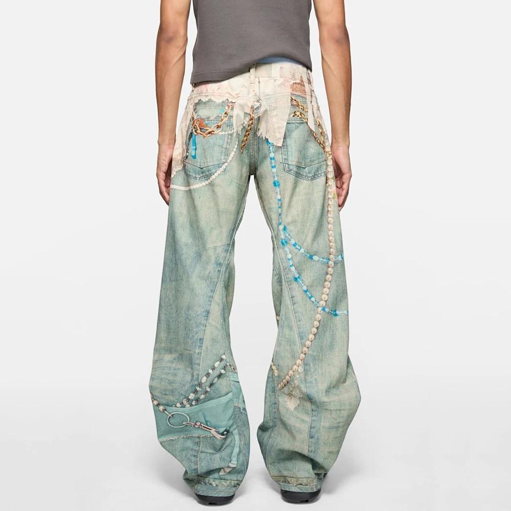 Jean Baggy imprimé chaîne de perles en dentelle assortie aux couleurs pour hommes et femmes, Streetw