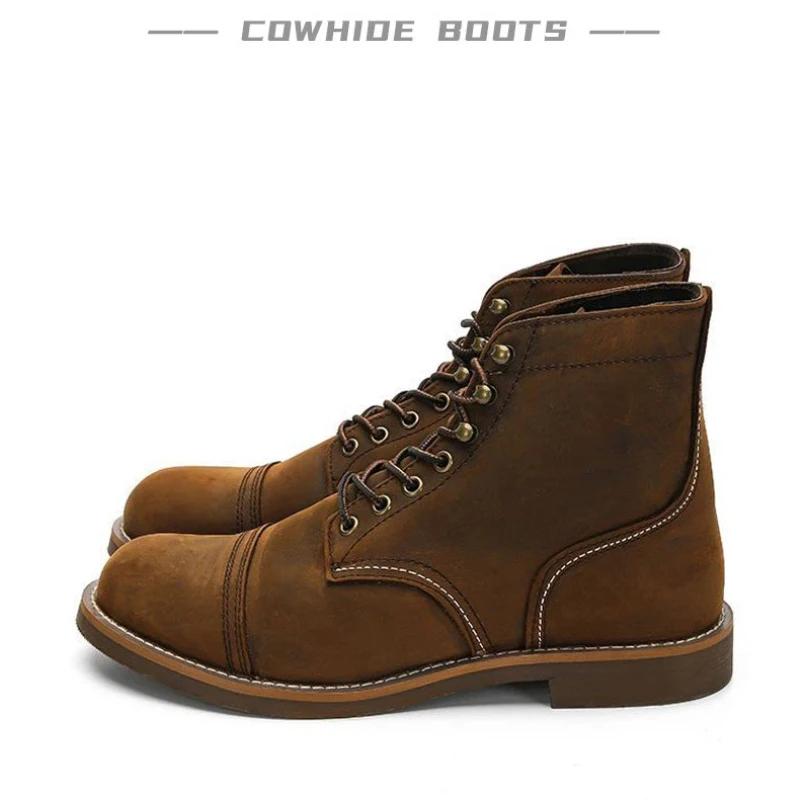 Amekaji Bottes de moto en cuir vintage, bottes du désert à bout pointu véritable avec semelle épaiss