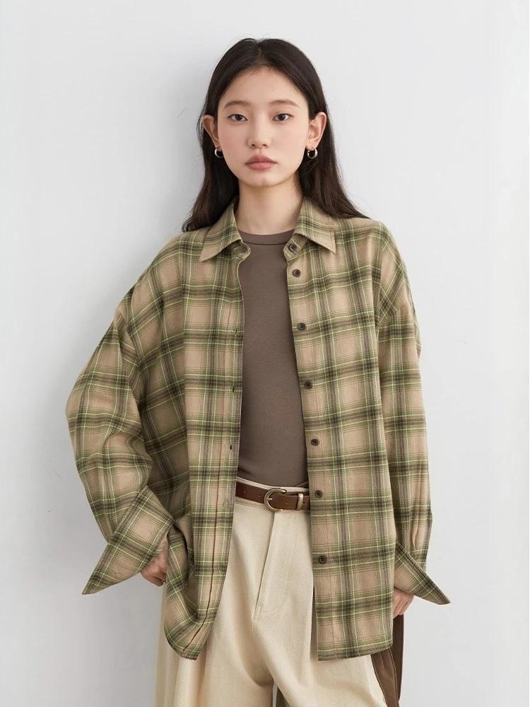 CHIC VEN femmes chemises ample décontracté nouveau ponçage chemise à carreaux à manches longues moye