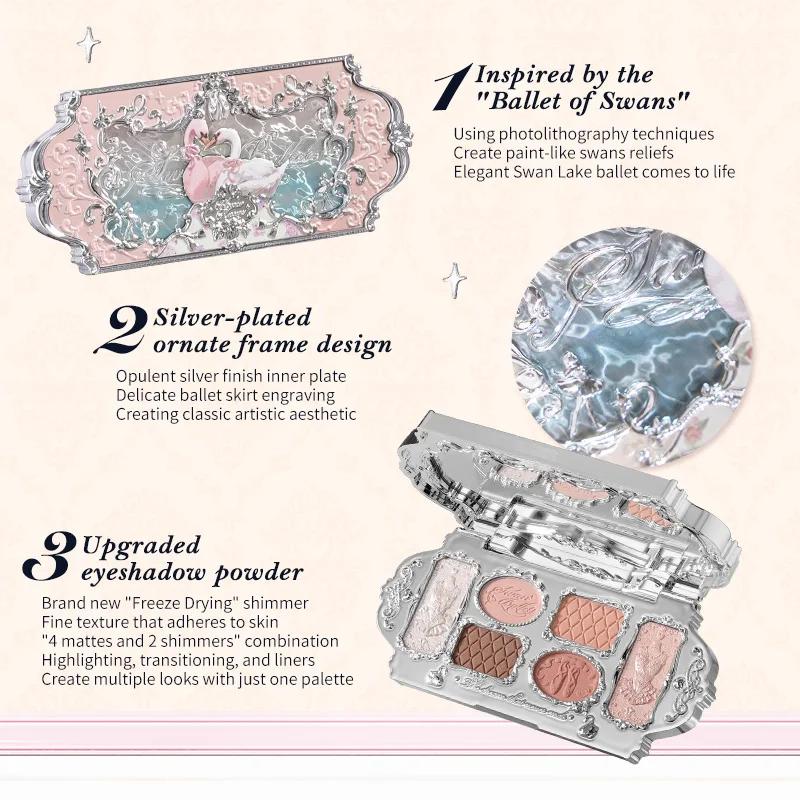 Palette de maquillage Flower Knows Swan Ballet Series Six couleurs, fini mat délicat, brillance scin
