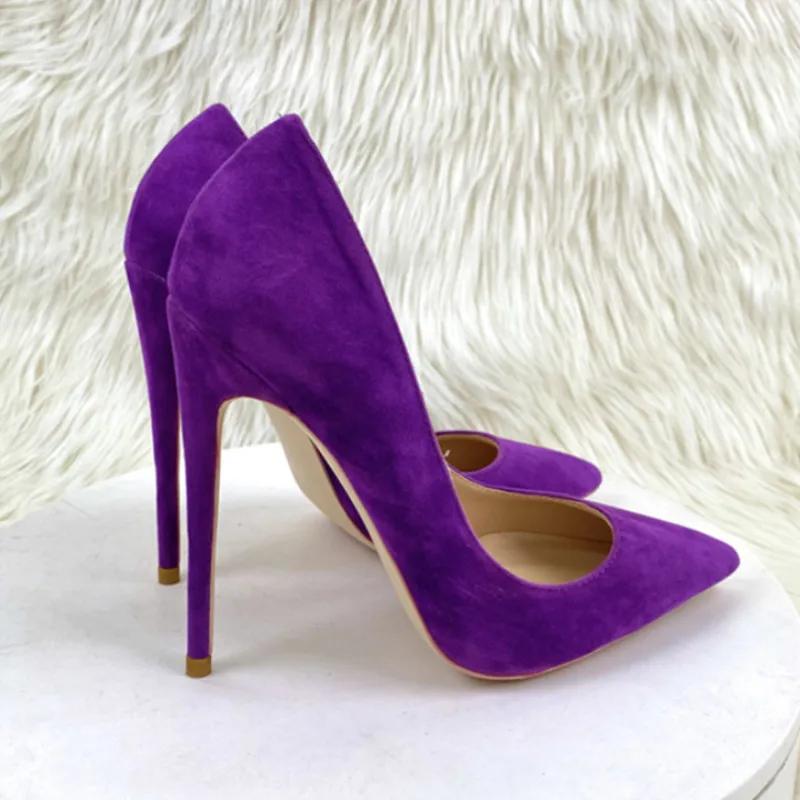 Escarpins en daim marron violet uni à talons aiguilles de 8, 10, 12 cm, à bout pointu, en daim rose,