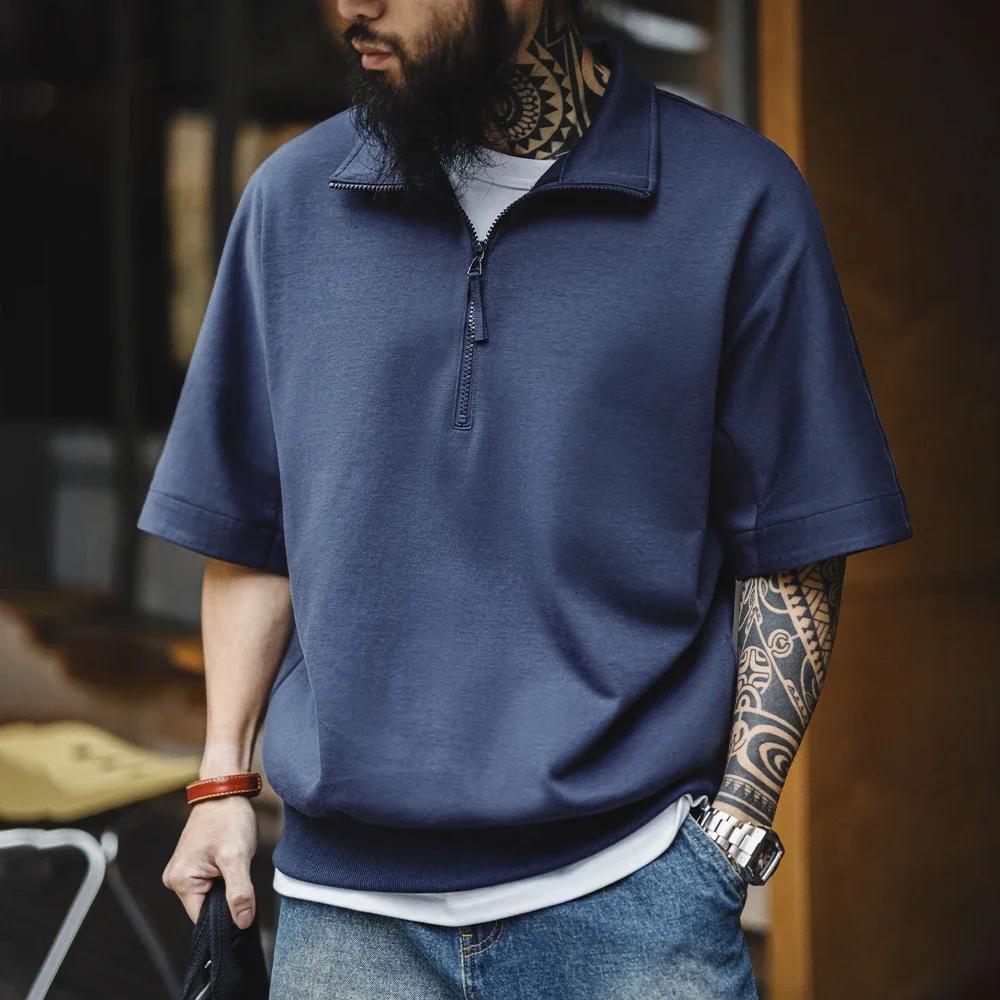 Maden Vintage demi-zip Boro Style à manches courtes Polo hommes été Indigo teint imprimé col ample T
