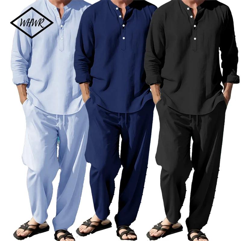 Henley – costume chemise et pantalon pour hommes, léger et respirant, Streetwear, couleur unie, bout